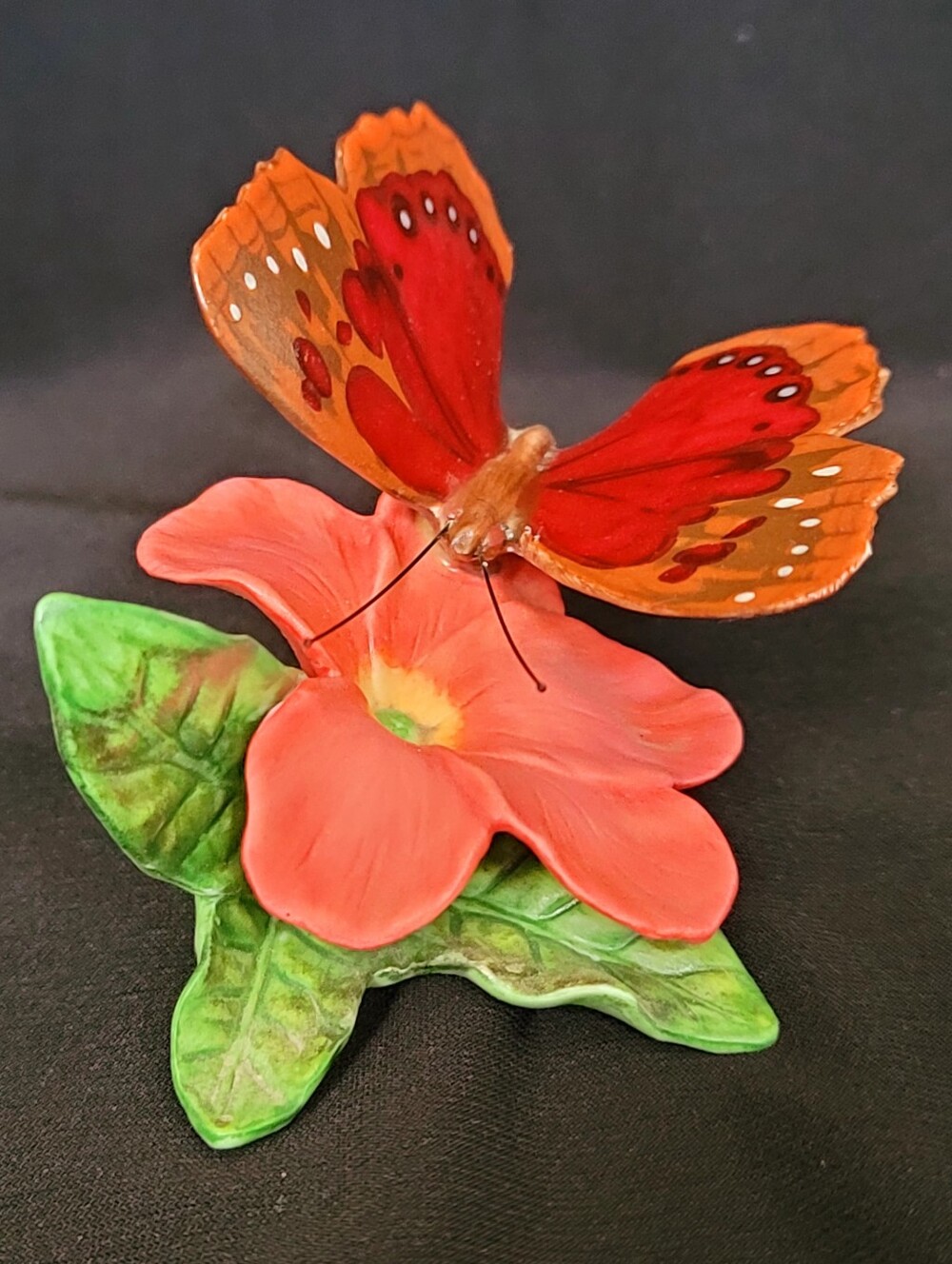 Franklin Mint Red and Orange Butterfly on Coral Flower Colectible